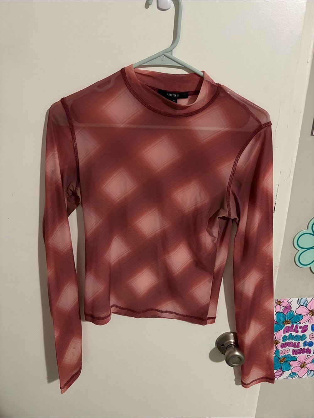 Junior's M Forever 21 Sheer Checkered Long Sleeve Burnt Orange